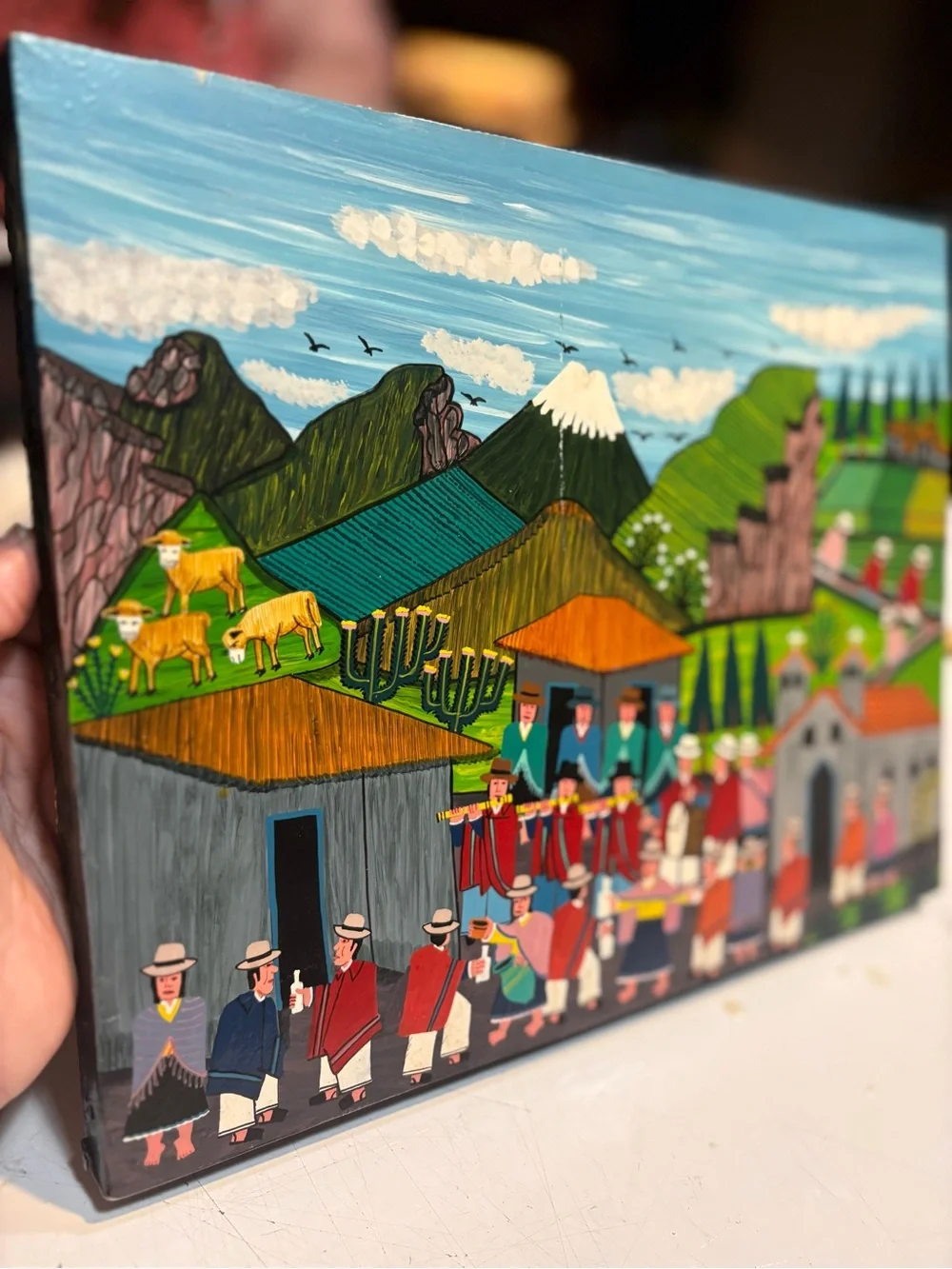 Tigua folk art traditional style of indigenous painting Andes mountains Ecuador